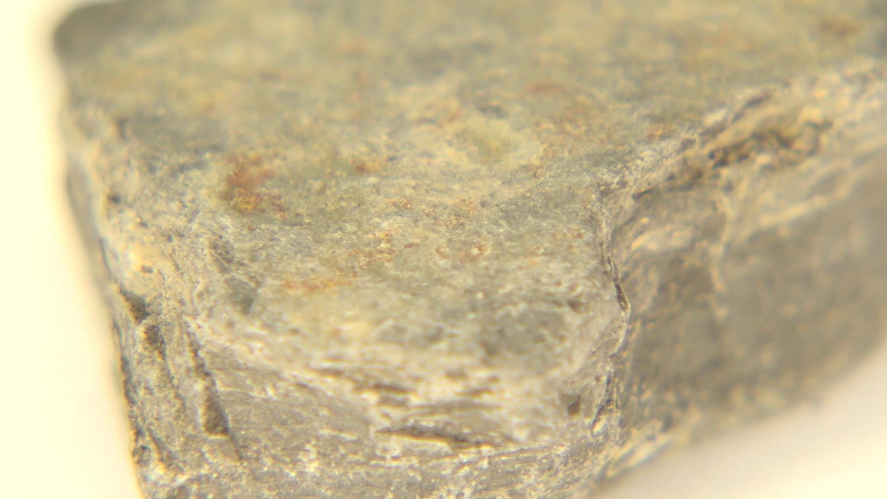 A small light gray rock fills the first frame in Westminster, Colorado, with chipped edges, warm soft light, and no visible people.