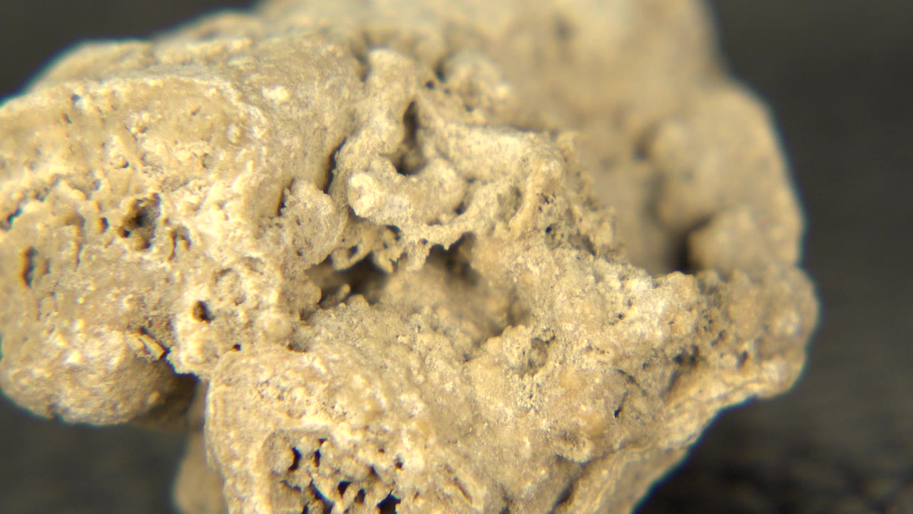 The rock remains large in frame on the black surface, with pitted texture and a darker recessed area visible in the center, no visible people.