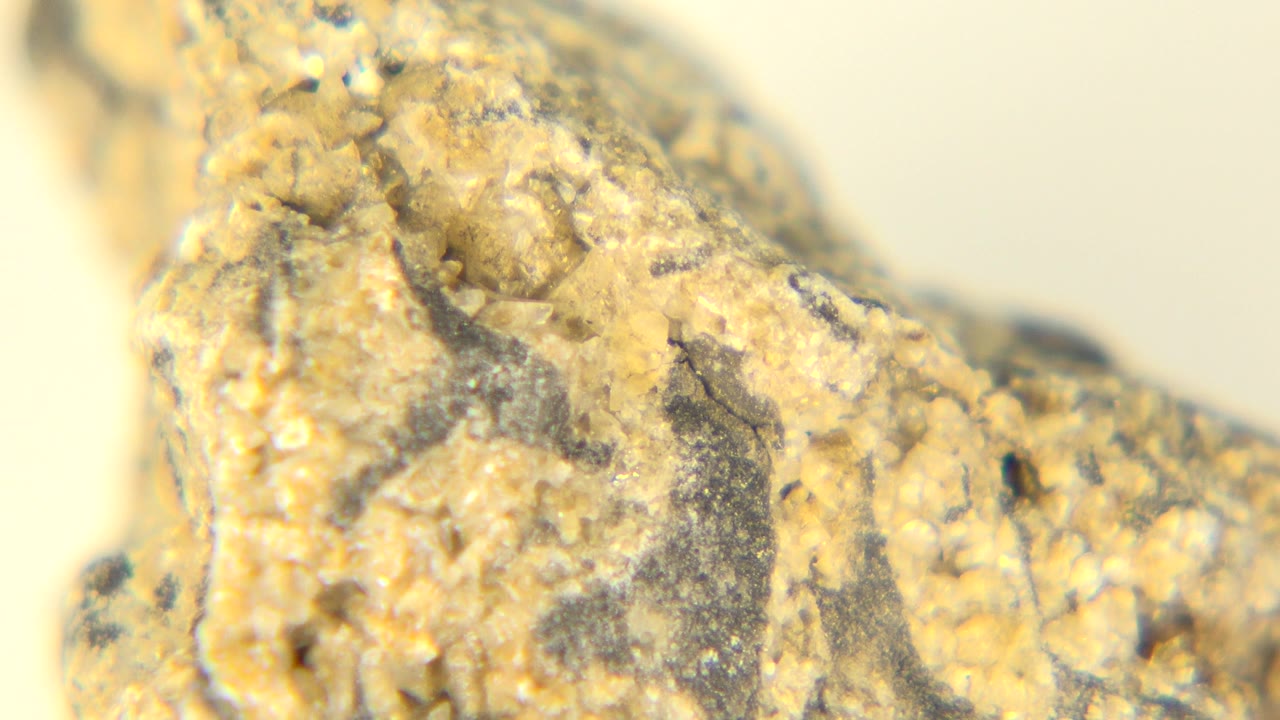 Macro view of the rough gold-toned stone edge in Westminster, Colorado, with the upper ridge softened by focus and no visible people.