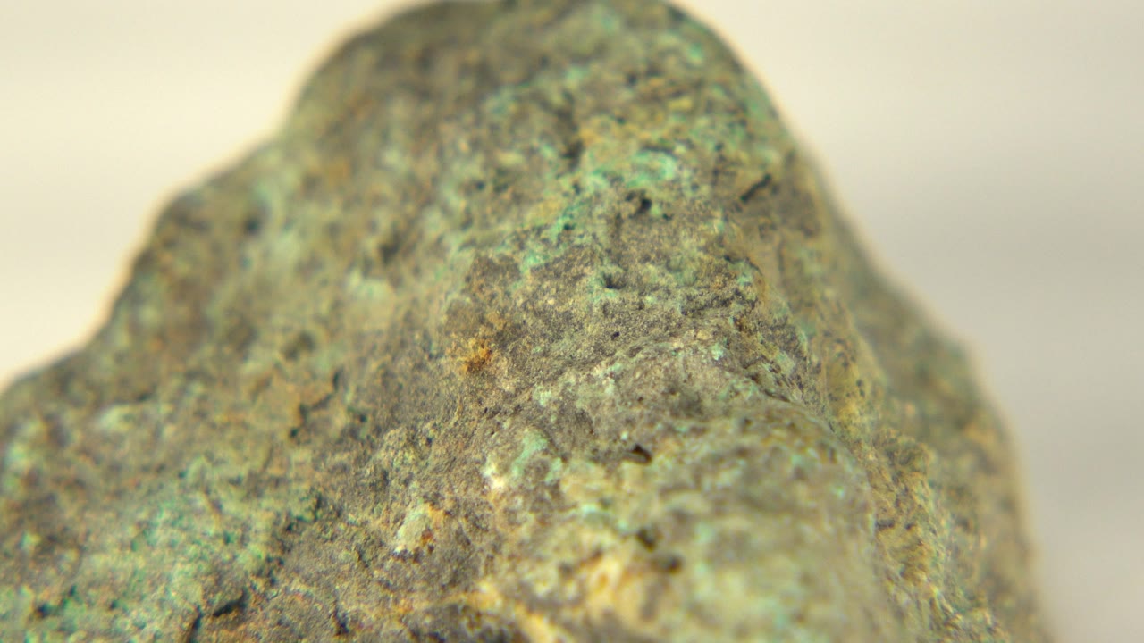A tight Westminster, Colorado close-up shows the rounded top of a greenish speckled rock against a pale soft background, with no visible people.