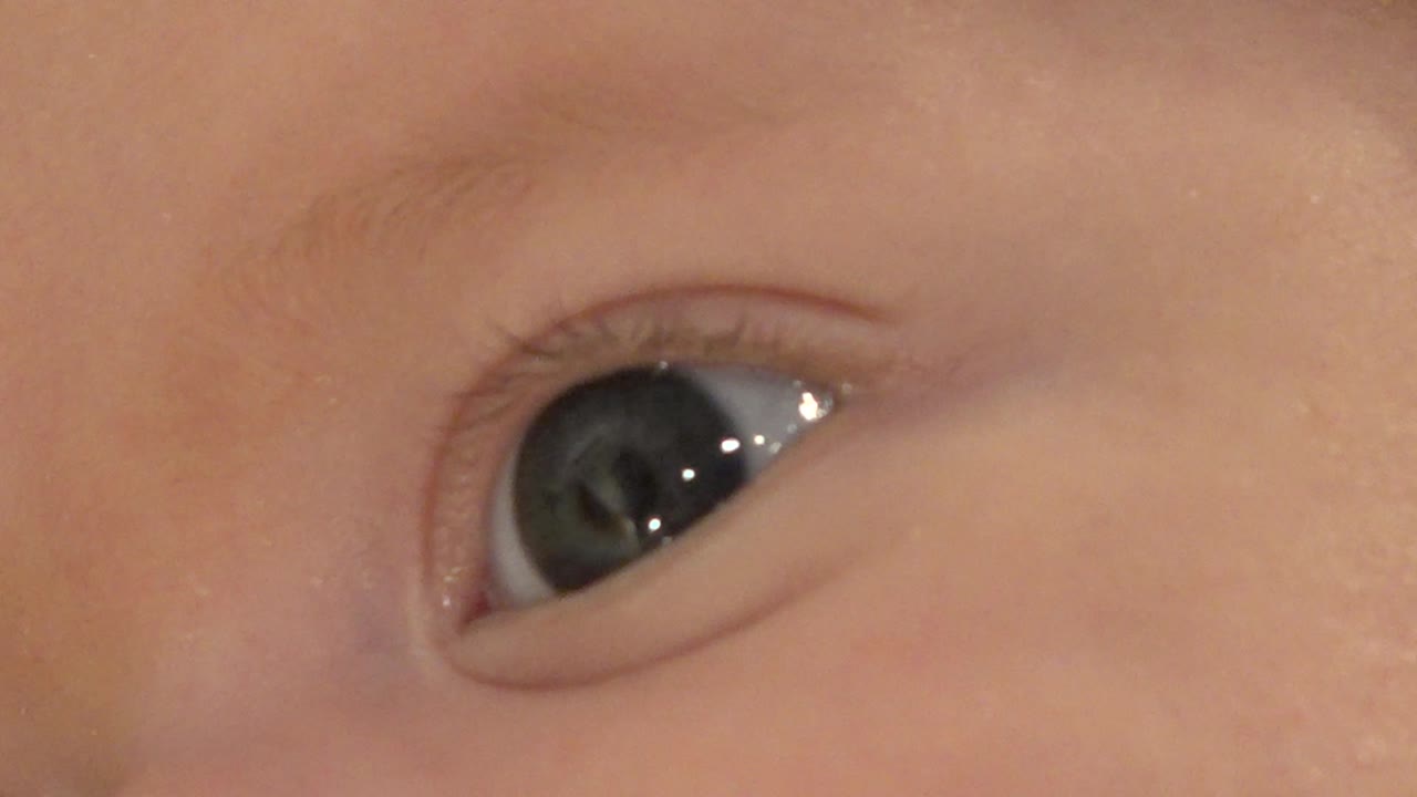 Close-up of the baby's eye one second into the Westminster, Colorado footage, with the dark iris, moist highlight, and cheek skin visible.