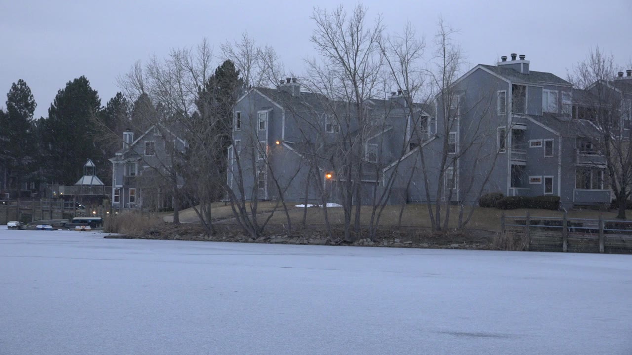 Wide Westminster, Colorado view of gray residential buildings behind bare trees and reeds, with pale water filling the foreground and no visible people.