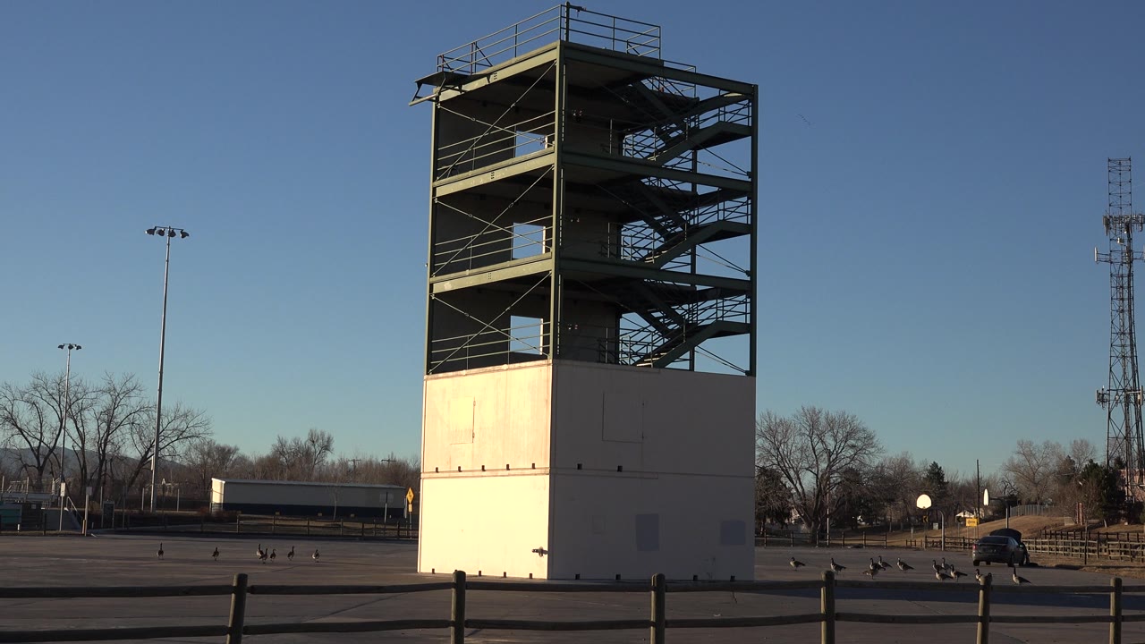 Unfinished stair structure seen from a slightly closer exterior angle.