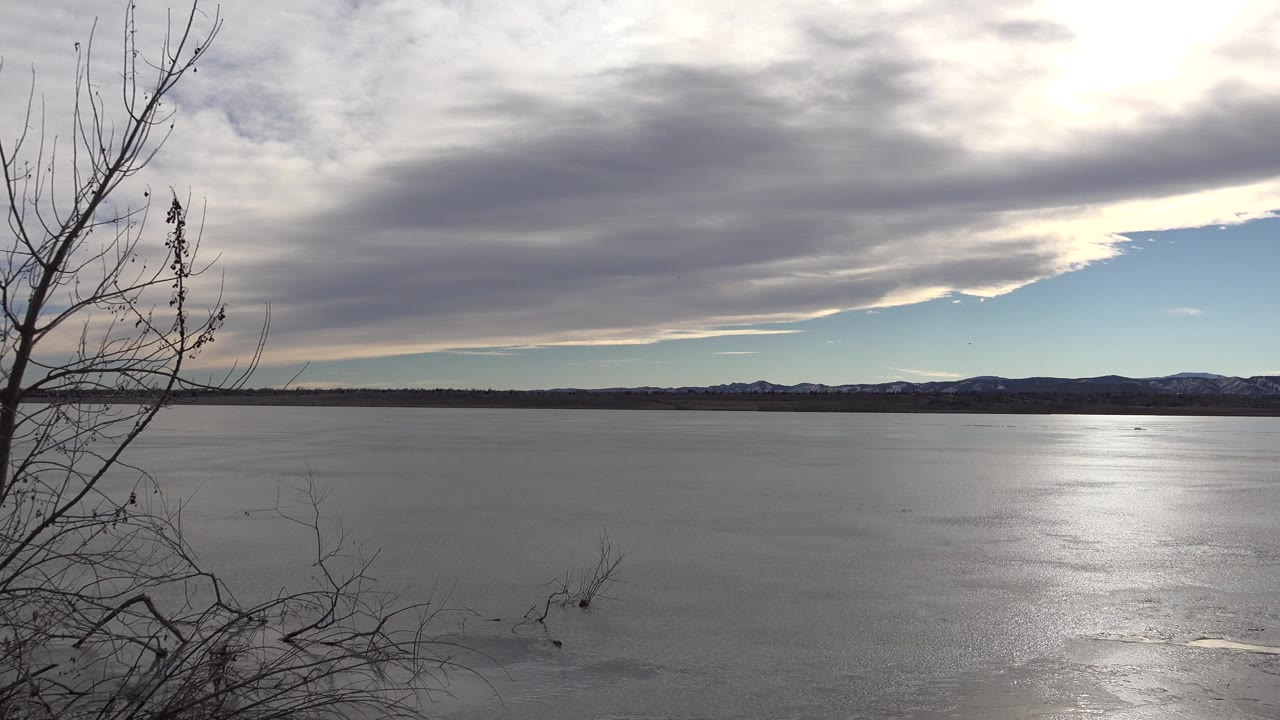 Westminster, Colorado landscape frame with leafless branches near the center-left edge, a flat icy water surface, dark shoreline, distant hills, filtered sun, and no visible people.