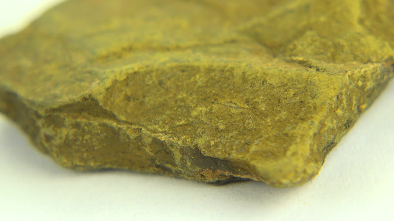 At 0:00, a greenish-brown rock specimen fills the frame on a white surface in Westminster, Colorado, with a chipped front edge and no visible people.