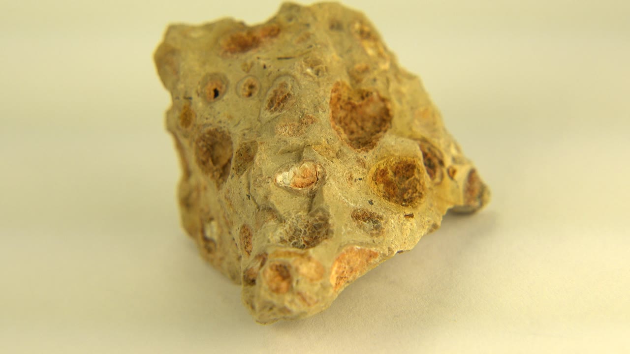 At 0:00, a small tan-gold pitted stone rests on a pale surface in Westminster, Colorado footage, with its higher left edge facing the camera and no visible people.