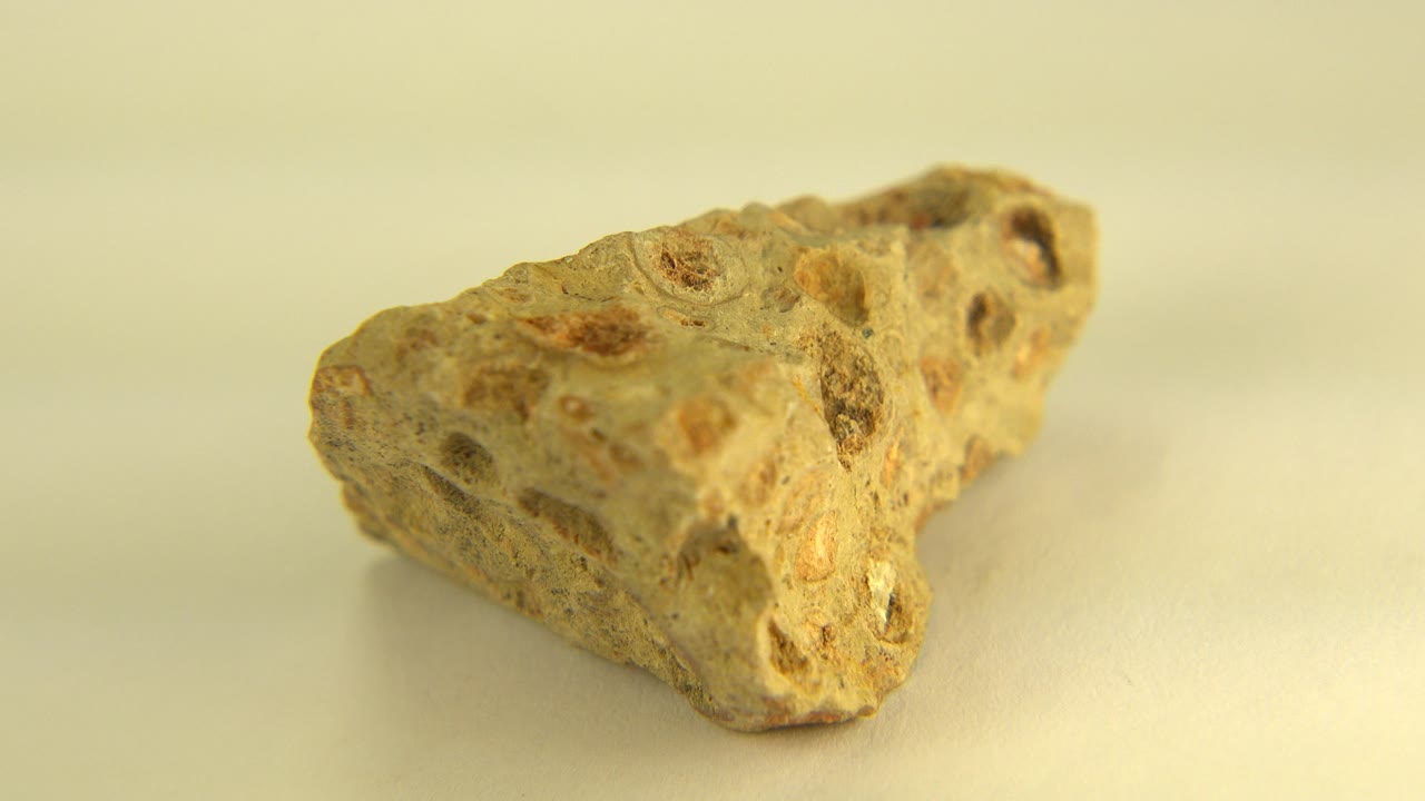 Yellow porous stone on a pale surface.