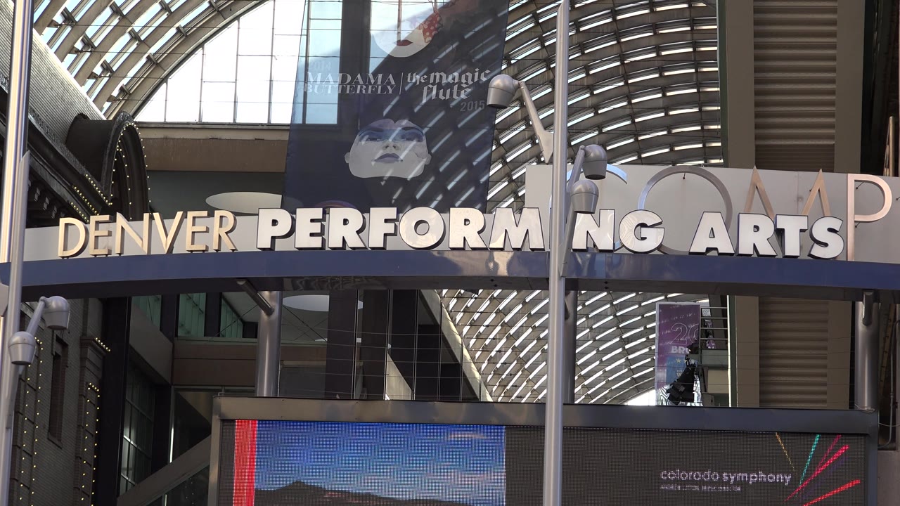 Denver Performing Arts sign with canopy and display panels