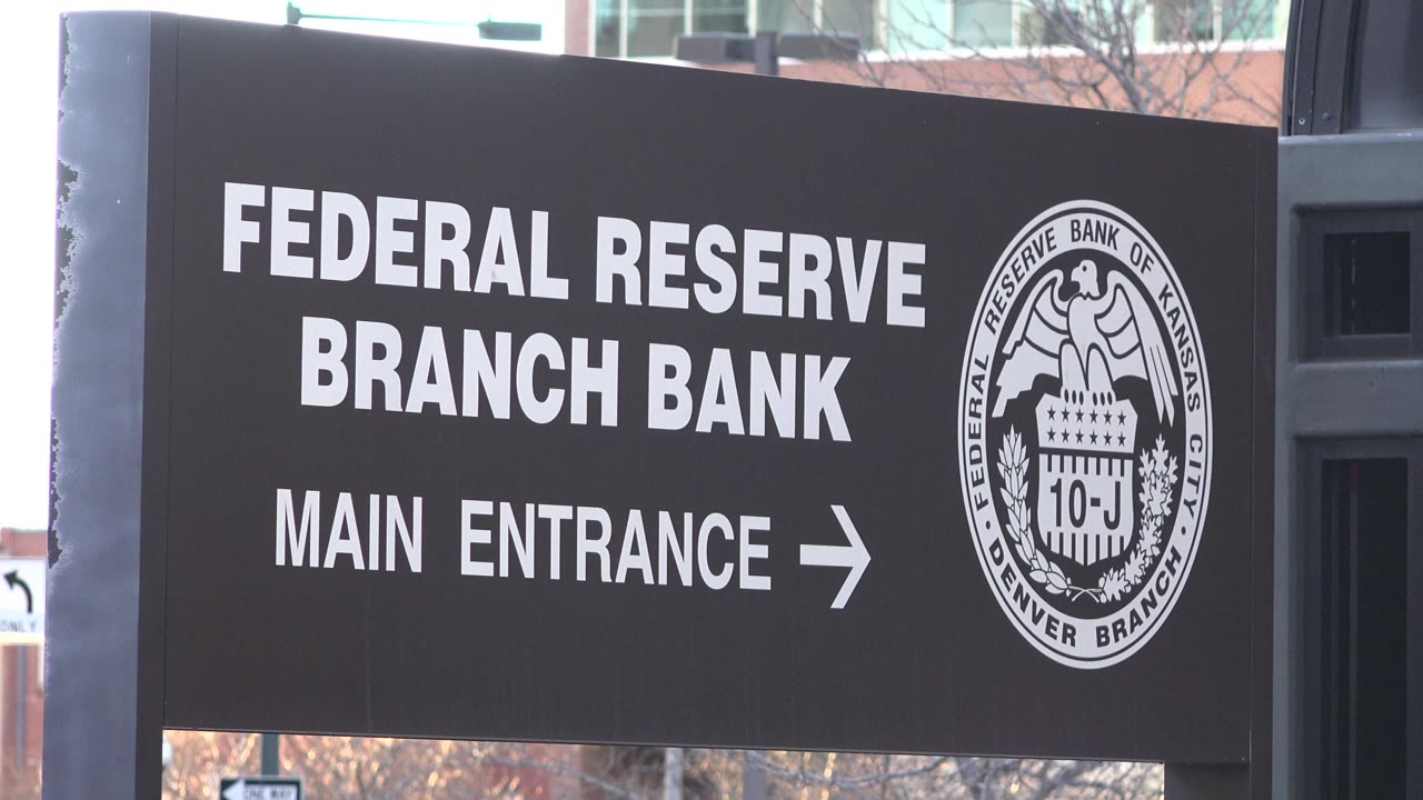 Close Westminster, Colorado view of the Federal Reserve Branch Bank sign, with the circular seal near the right edge and no visible people.