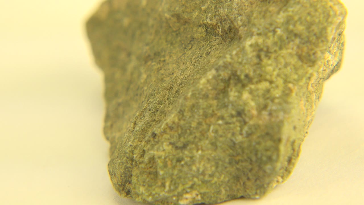 Close magnified green-gray rock on a pale background.