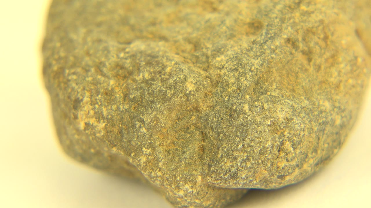 Close-up view of a rough brown-gray pebble filling the upper frame on a yellow background in Westminster, Colorado, with no visible people.