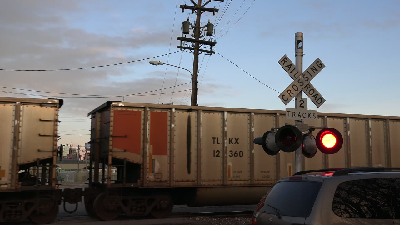 Freight train passes a red railroad crossing signal beside a stopped car.