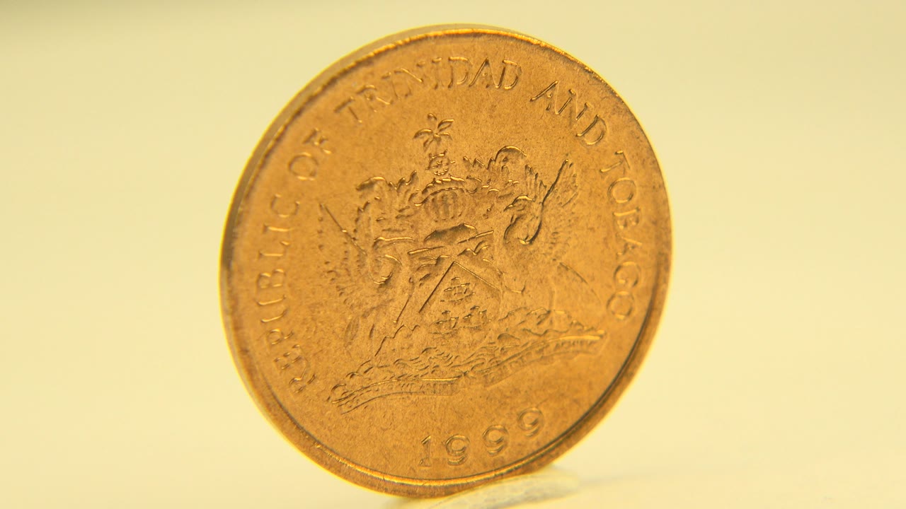 Coin angled toward the camera with warm highlights on its rim.