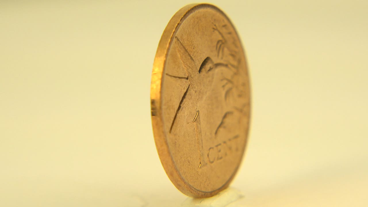 Canadian 1 cent coin turned partly toward camera.