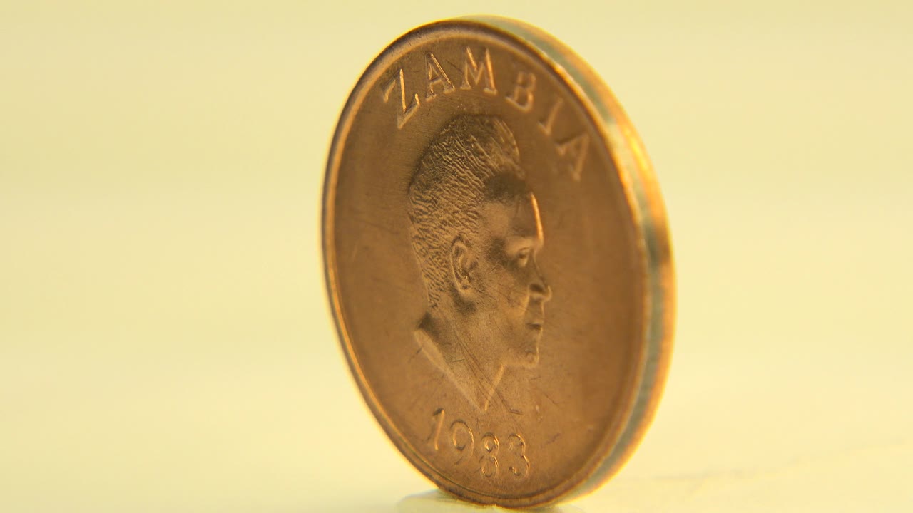 The upright Zambian coin remains in close-up, with Zambia lettering and the 1983 date visible on the portrait side and no visible people in the frame.