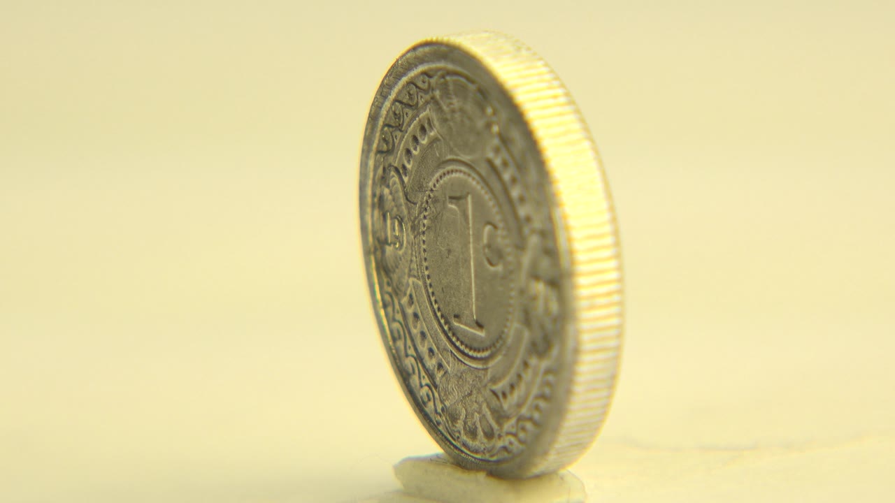 Coin angled slightly with ridged edge catching light.