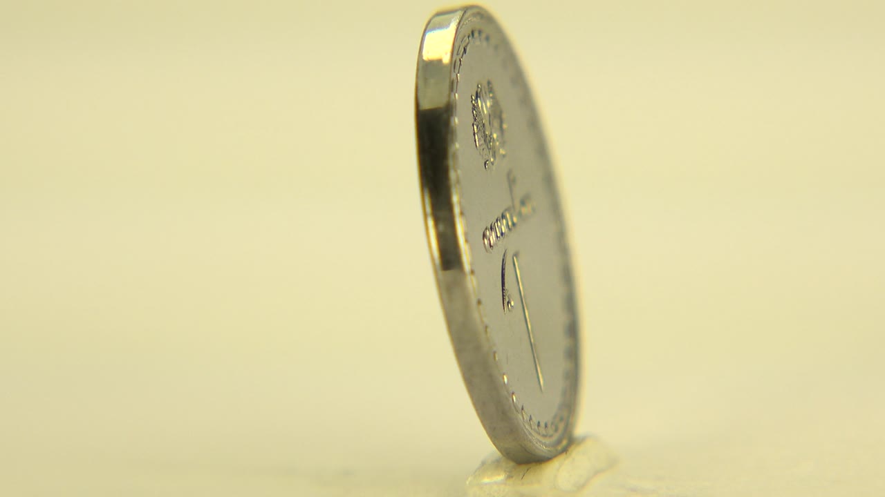Coin turned partly toward camera with raised markings visible.