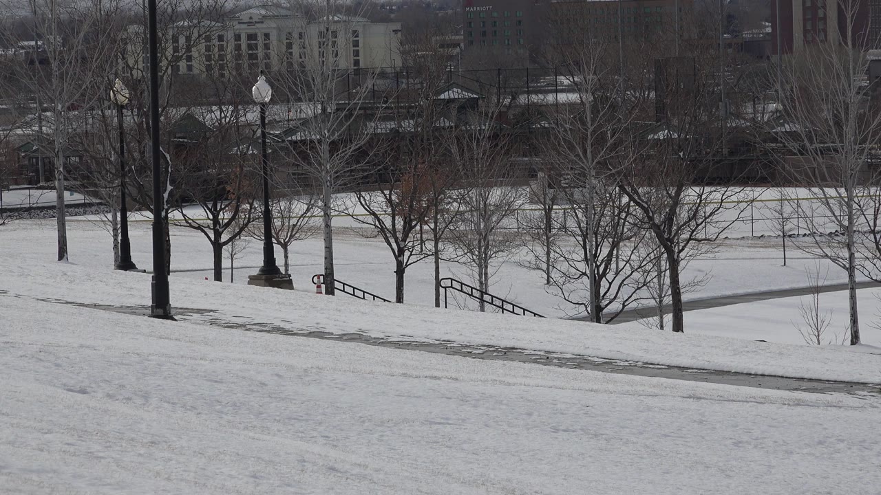 Early frame showing the same Westminster, Colorado winter view, with snow across the foreground slope, leafless trees in the midground, and muted buildings beyond, with no visible people.