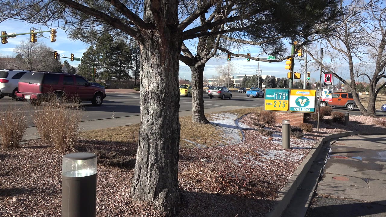 Snow-dusted roadside sidewalk with trees, traffic, and a Valero gas sign.