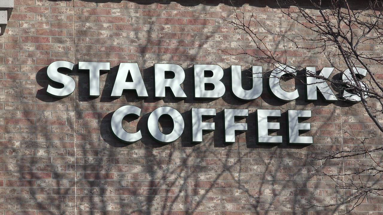 Close Denver storefront frame showing large Starbucks Coffee letters mounted on a brick wall with bare branch shadows and no visible people.