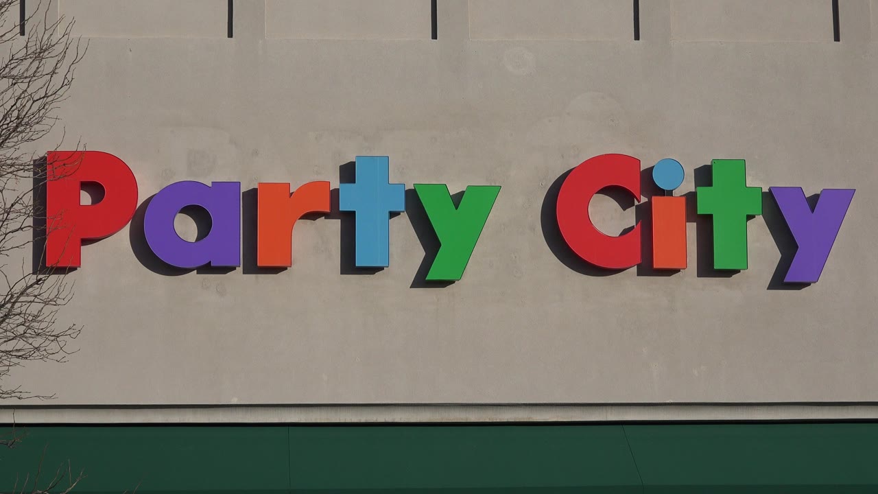 Close view of Party City storefront sign