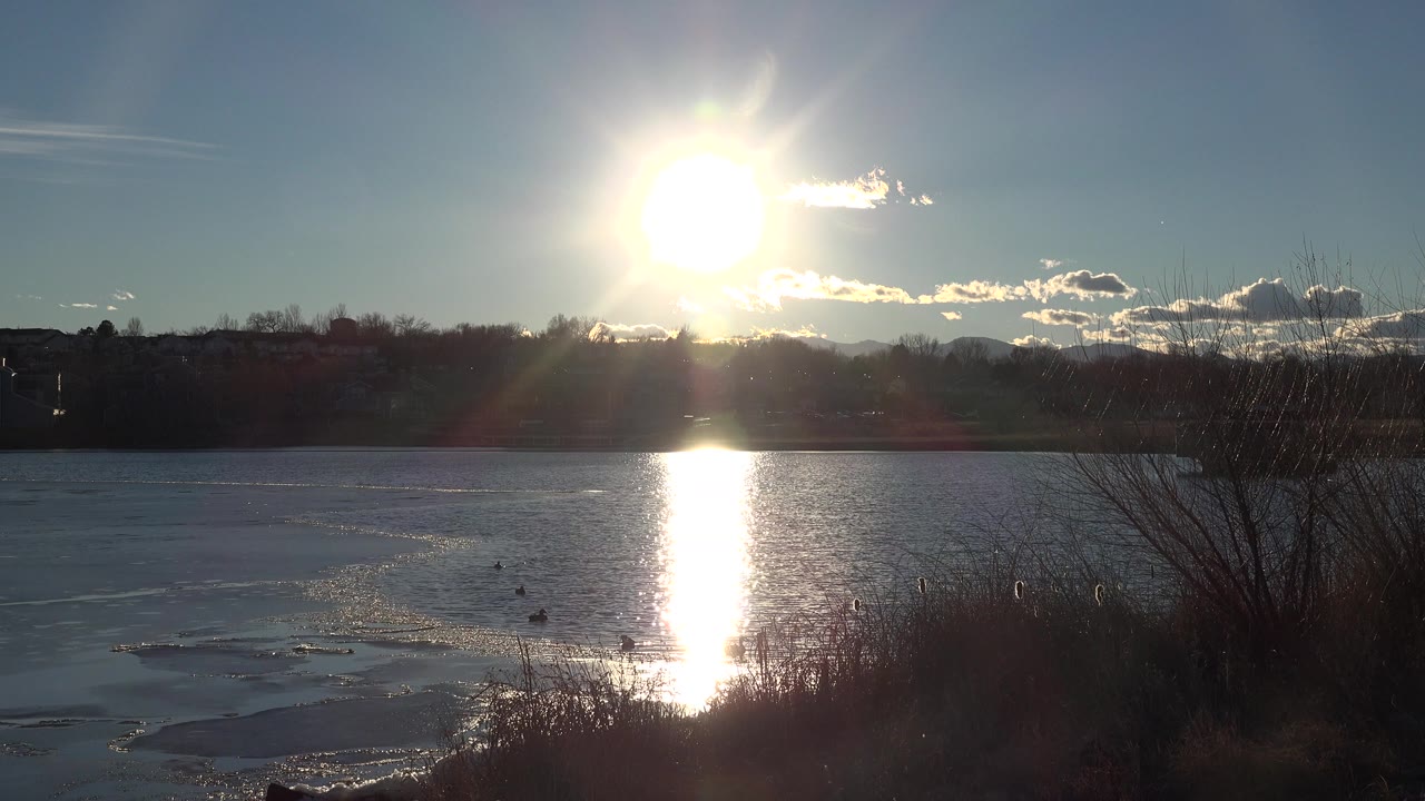 The sun remains high above the Westminster lake, producing lens flare and a white reflection path across the water, with brush in the foreground and no visible people.