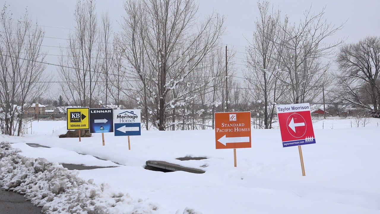 Snow-covered roadside in Arvada, Colorado with several colorful homebuilder and directional signs, bare winter trees, gray sky, and no visible people.