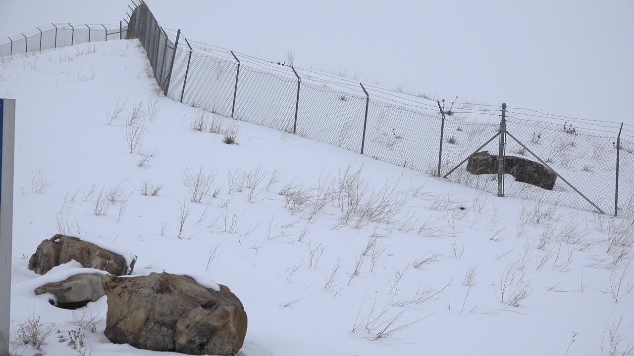 At 0:00 in Arvada, Colorado, a snow-covered sloped field fills the frame with large rocks at lower left, a chain-link fence along the ridge, pale sky, and no visible people.