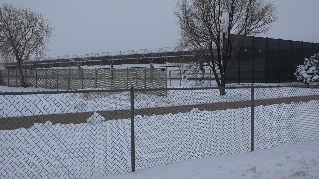 Opening frame of a snow-covered fenced area in Arvada, Colorado, with a chain-link fence in front, bare trees behind it, distant low buildings, and no visible people.