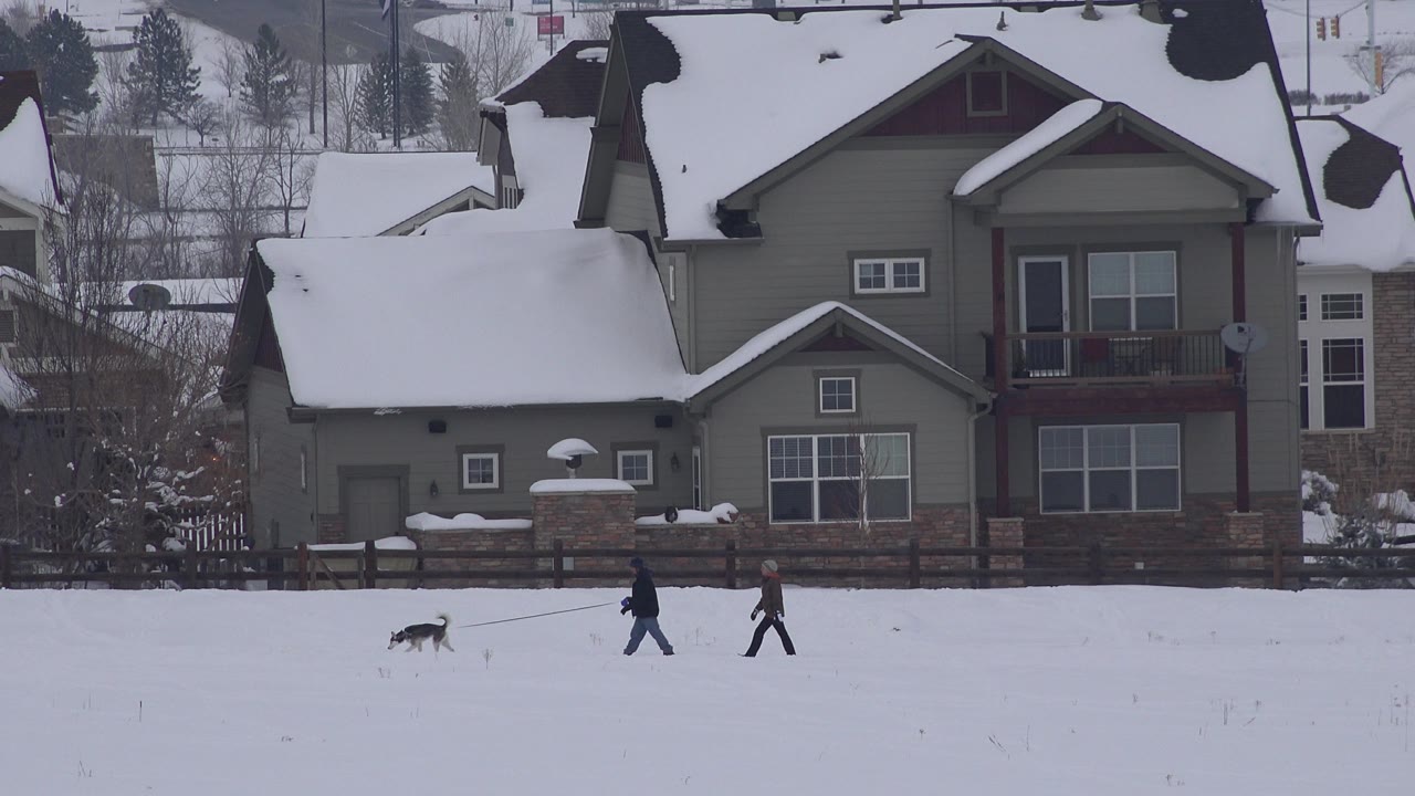Two people and a dog walking on snow with houses in the background.