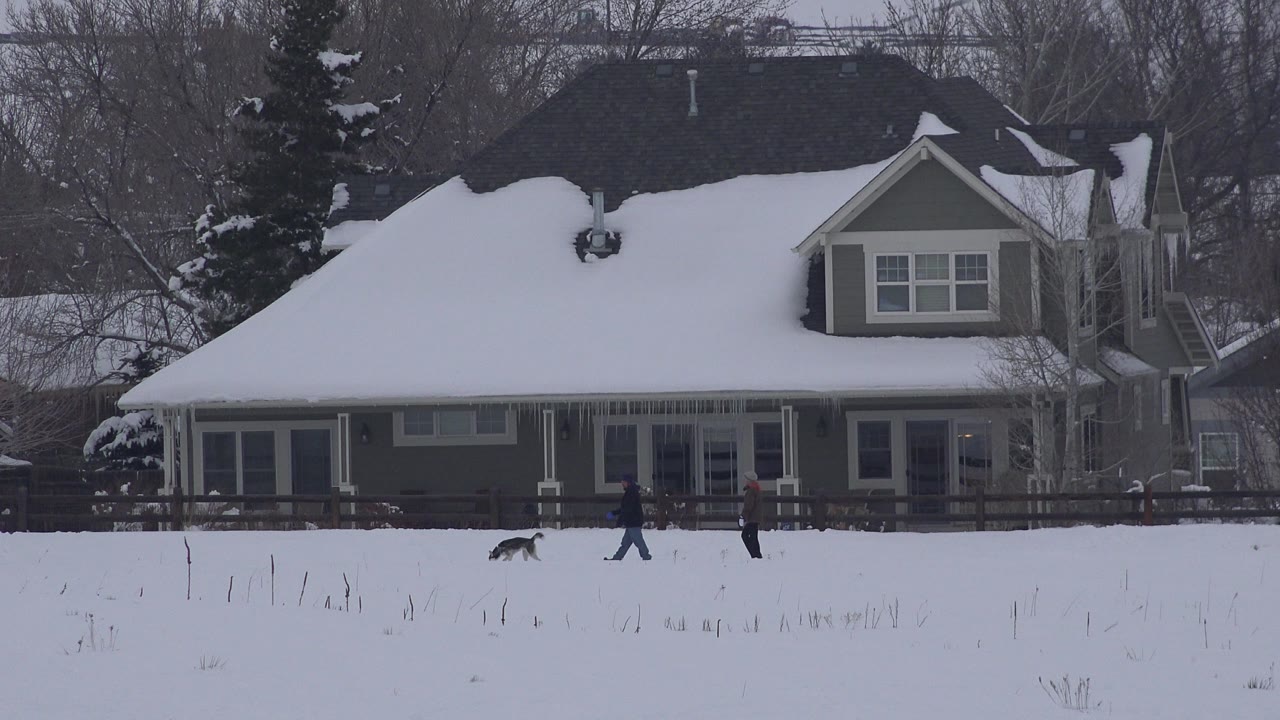 Two people and a dog walk past a snow-covered grey house.