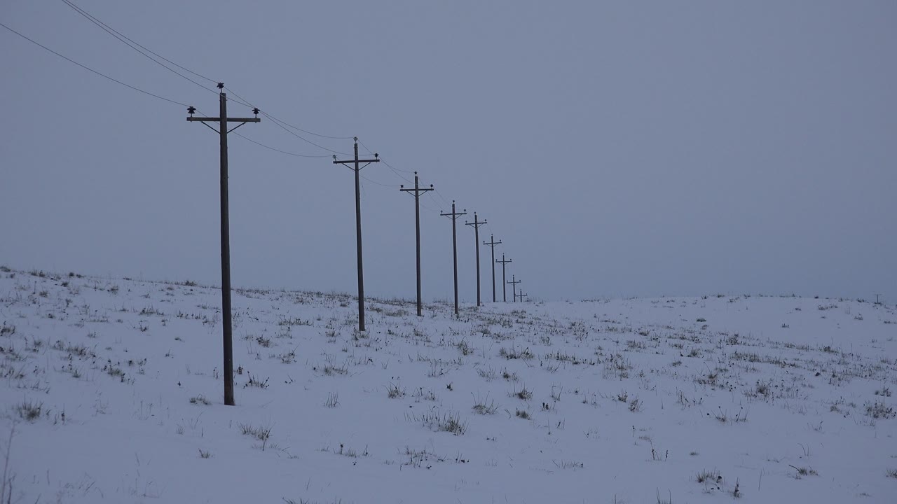 Second frame shows the same Arvada snowfield with the nearest pole left of center and smaller poles trailing across the white ground, with no visible people.