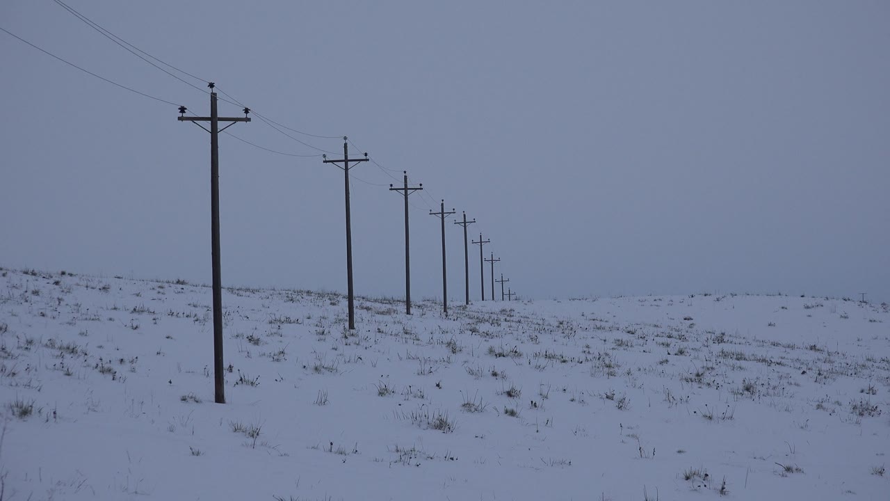 A long row of wooden poles and thin overhead wires continues through the Arvada, Colorado field, with snow covering the ground and no visible people.