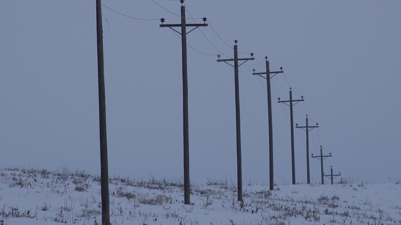 Utility poles and wires receding over a snow-covered rise