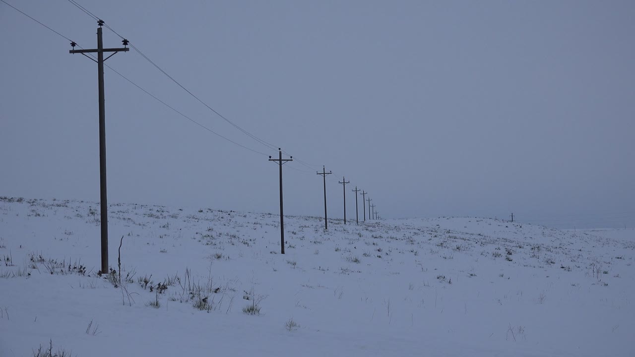 At 0:01 in Arvada, Colorado, the left foreground pole anchors the frame while a row of utility poles and wires stretches into the snowy distance, with no visible people.