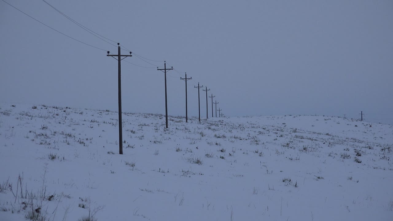 Telephone poles crossing a snowy rise