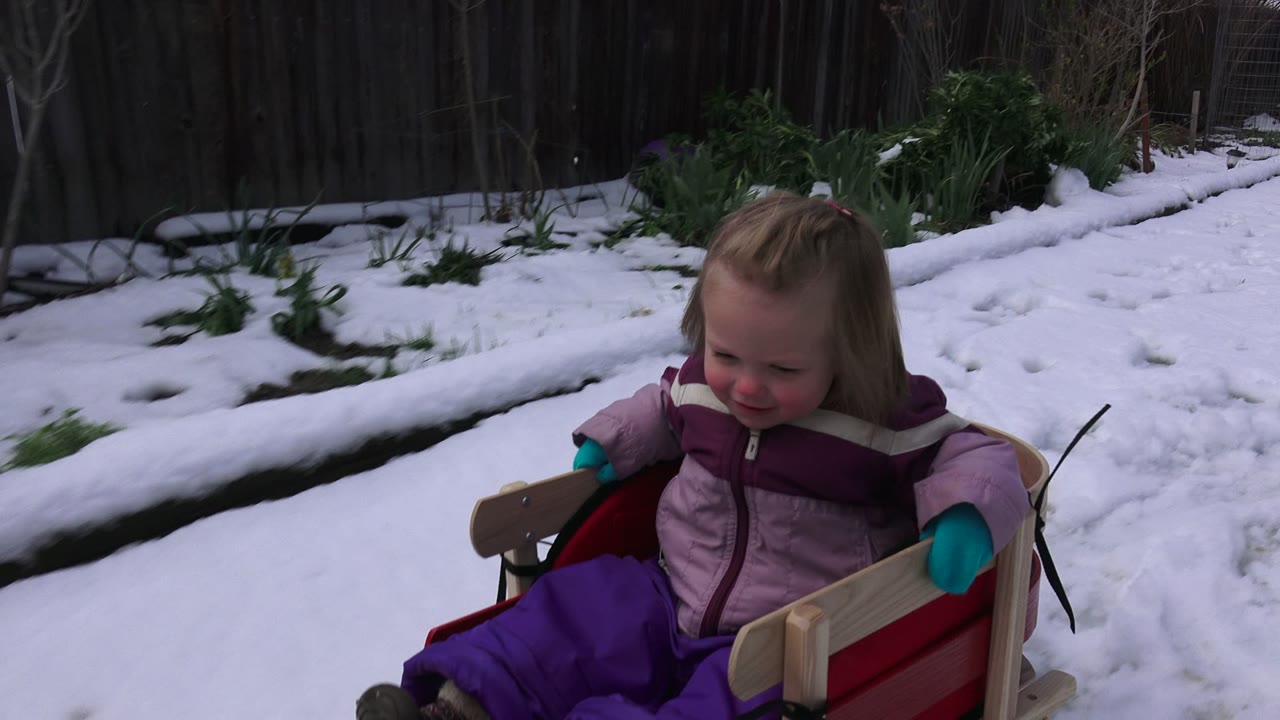 The child smiles while seated in the red sled on a snowy Westminsater yard, with footprints, low plants, and a wooden fence visible in the background.