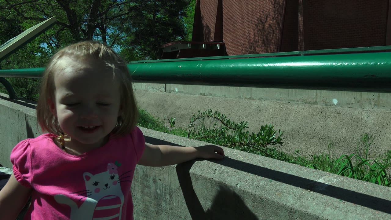 Young girl in a pink shirt beside a concrete wall and green handrail.