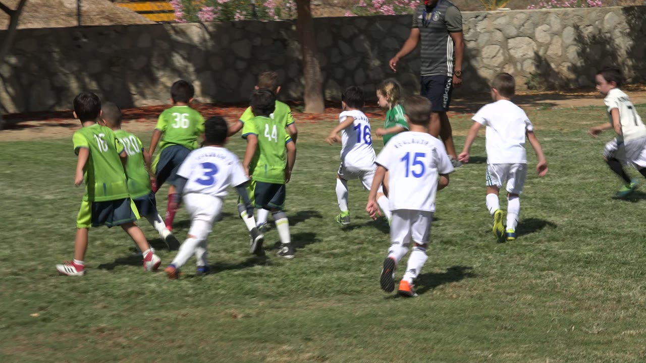 Children in green and white soccer uniforms run across a grass field.