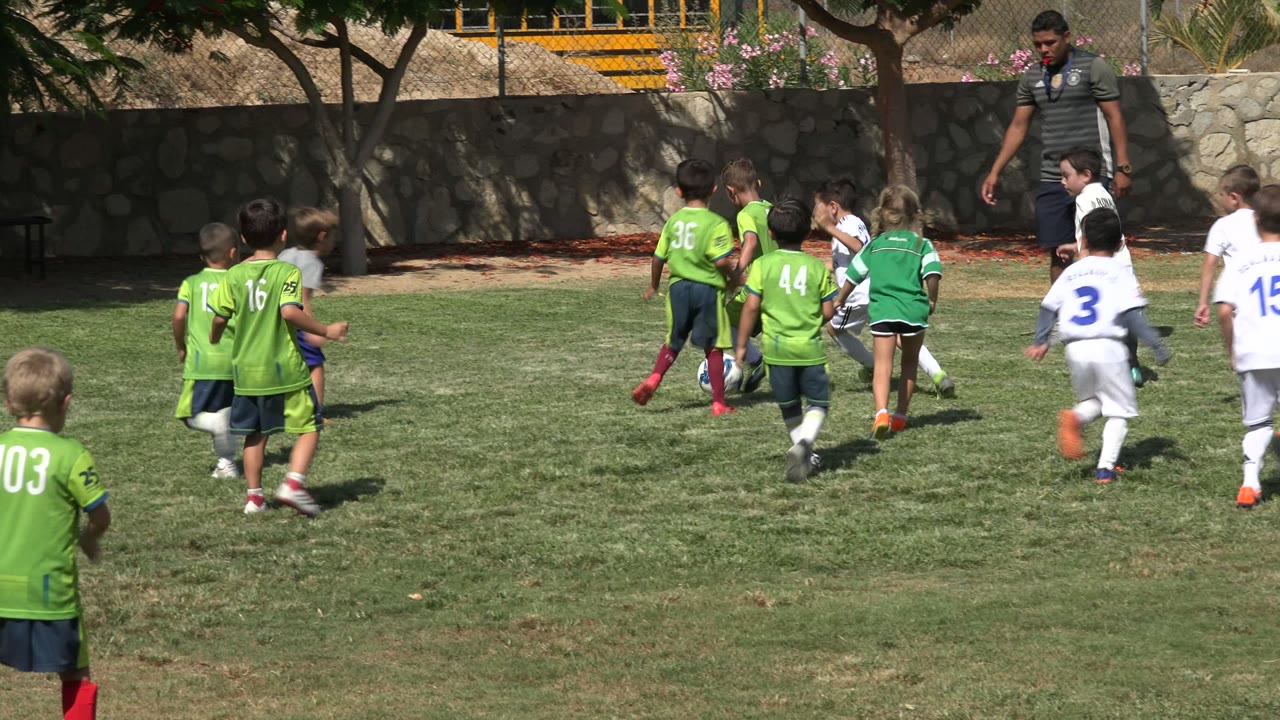 Children in green and white soccer kits gather around the ball during play in San Jose Del Cabo, Mexico, with a coach walking near the stone wall behind them.