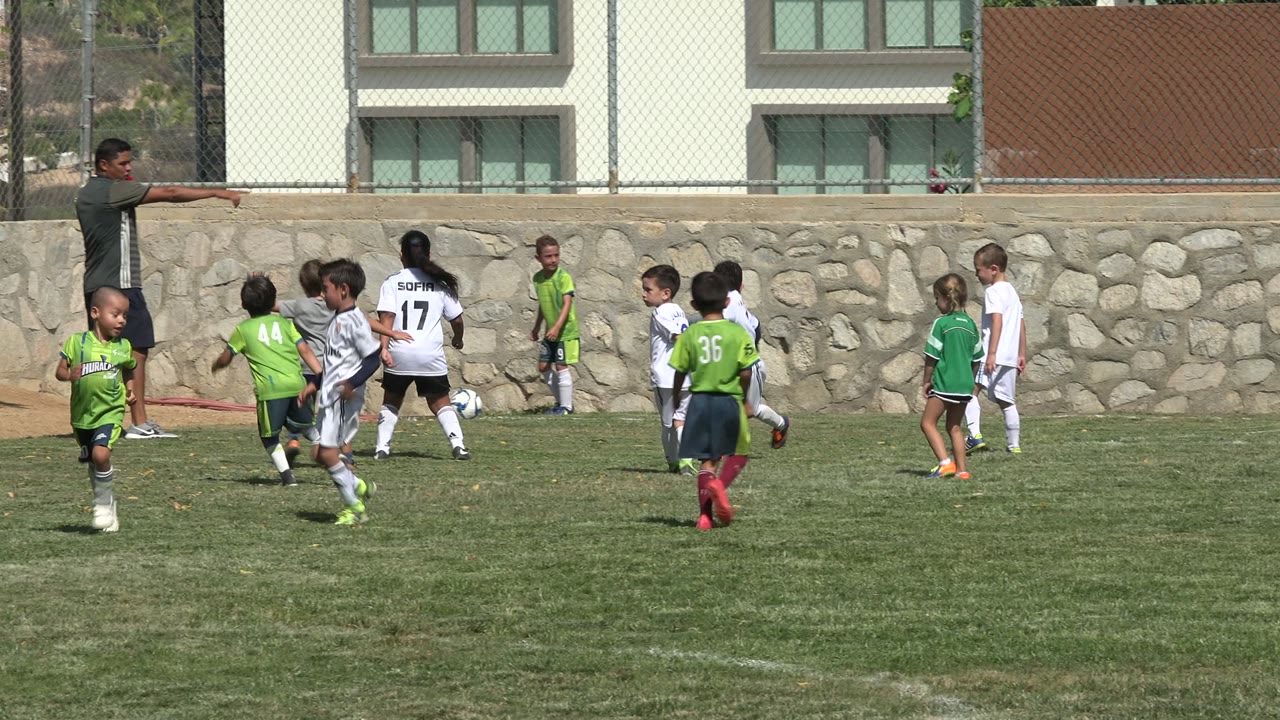 Youth soccer players gather near the corner of the field.