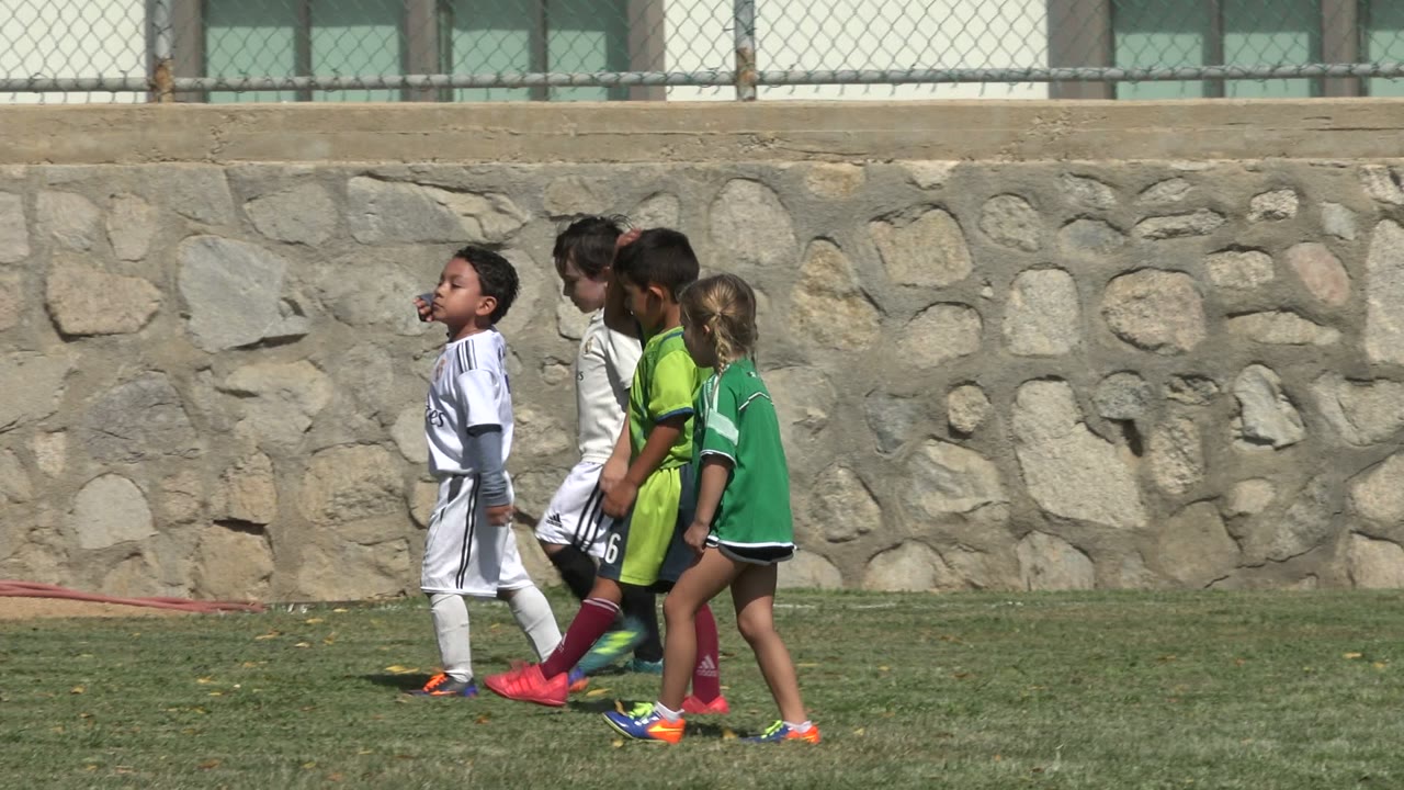 Children in soccer uniforms walking on a grass field near a stone wall.