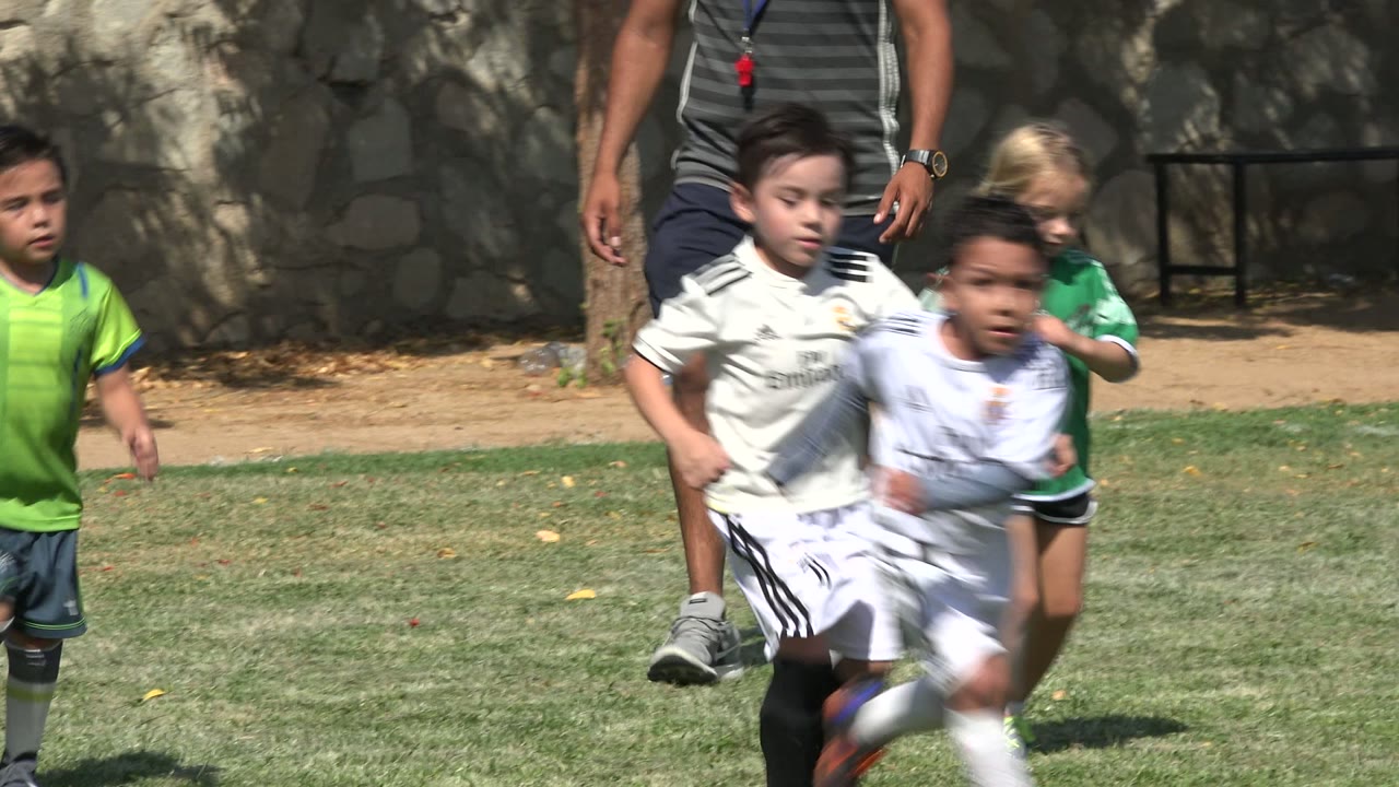 Children in green and white soccer uniforms run near the sideline.