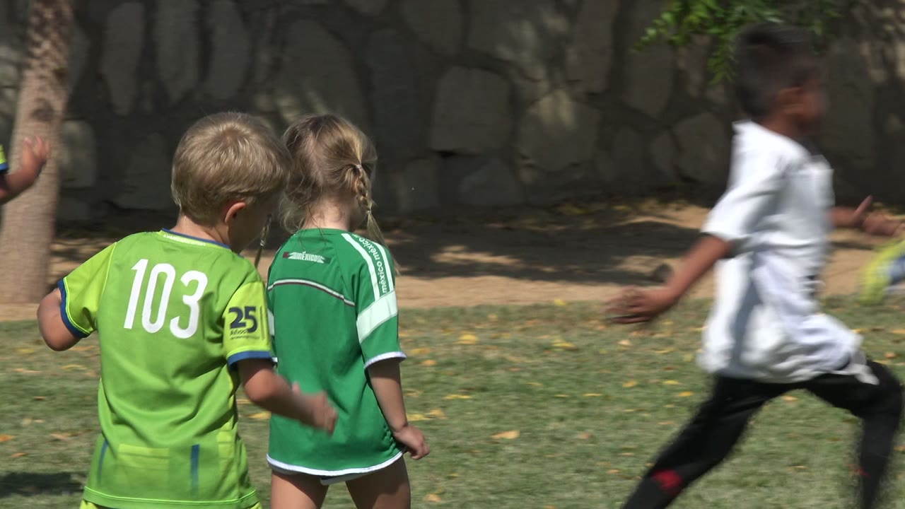 Children in green soccer jerseys move across a sunny grass field in San Jose del Cabo, Mexico, with trees and a stone wall behind them.