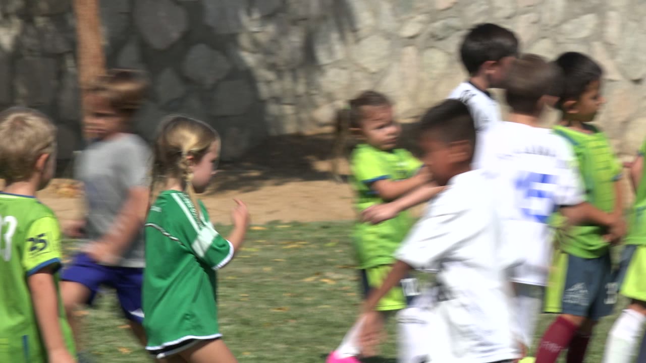 Children in soccer uniforms moving across a grass field near a stone wall.