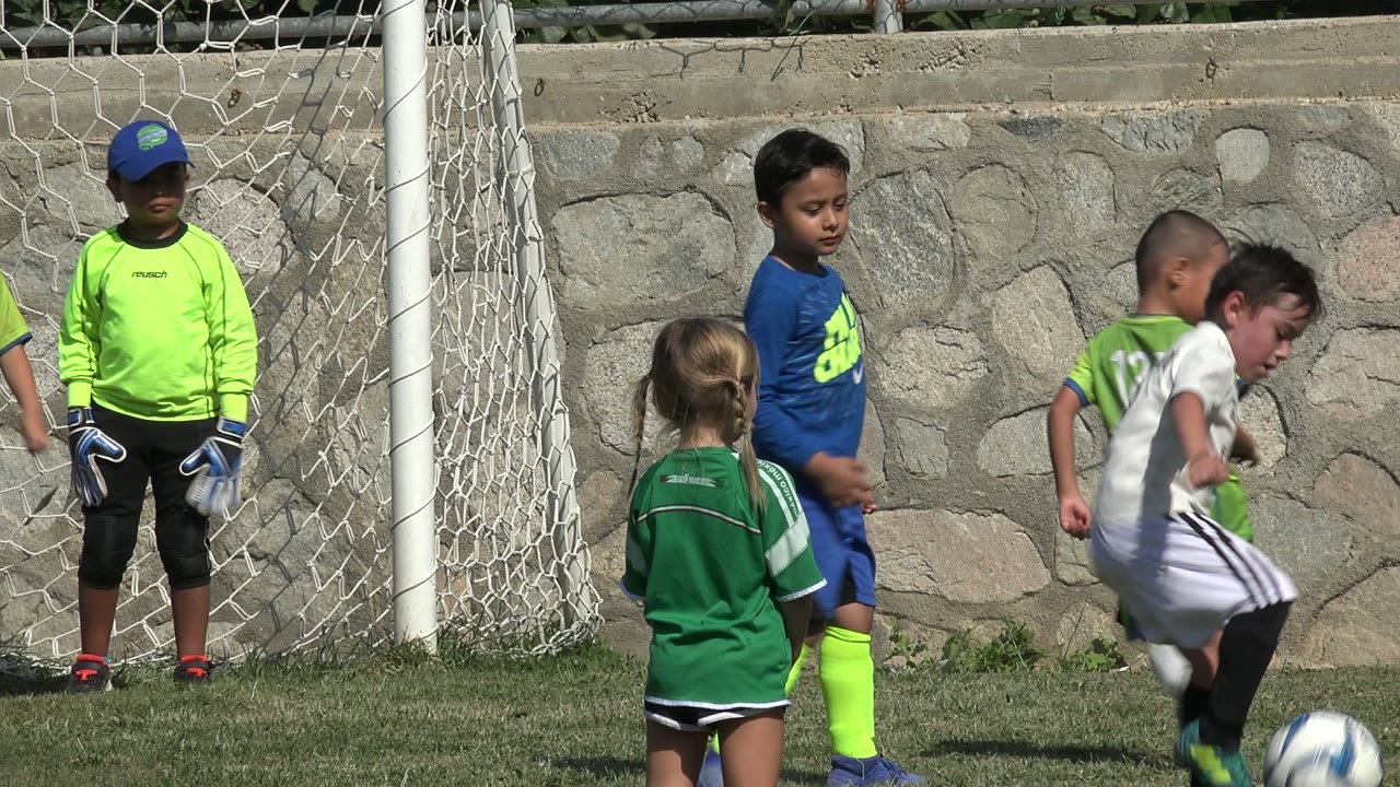 Several children move around a soccer ball in front of the goal net and stone wall during a sunny youth soccer moment in San Jose del Cabo, Mexico.