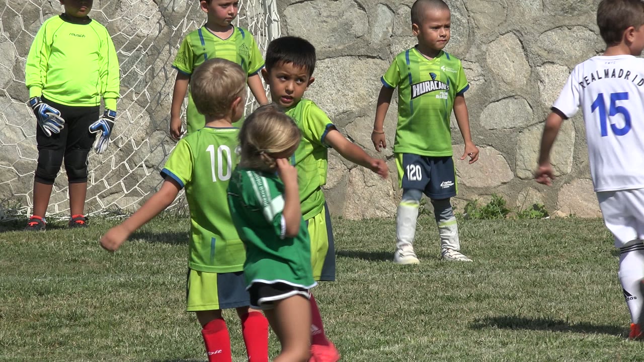 Children in green soccer uniforms near a goal on a grass field.