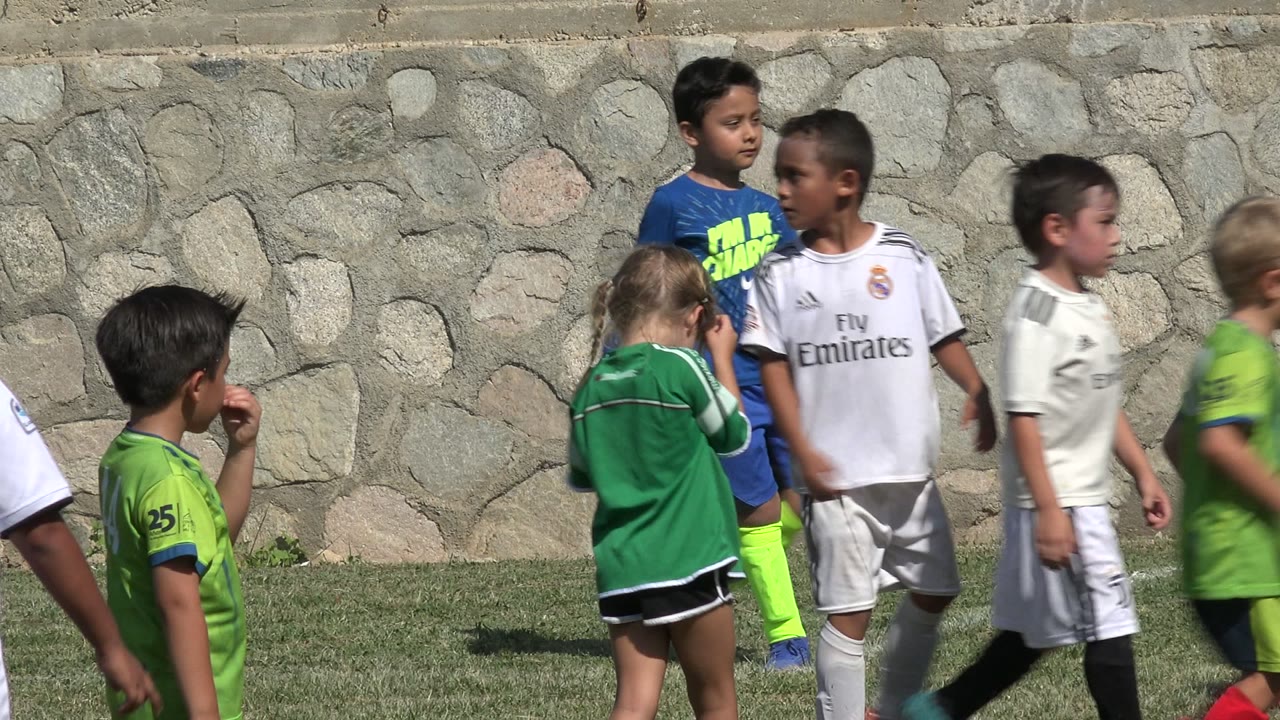 Children in soccer uniforms standing on a grass field beside a stone wall.
