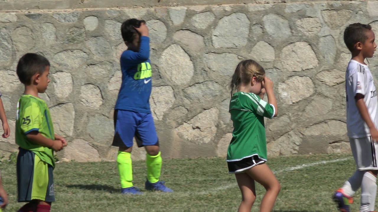 Several children in soccer uniforms move across the grass in San Jose del Cabo, Mexico, including white jerseys and green practice shirts near the stone wall.