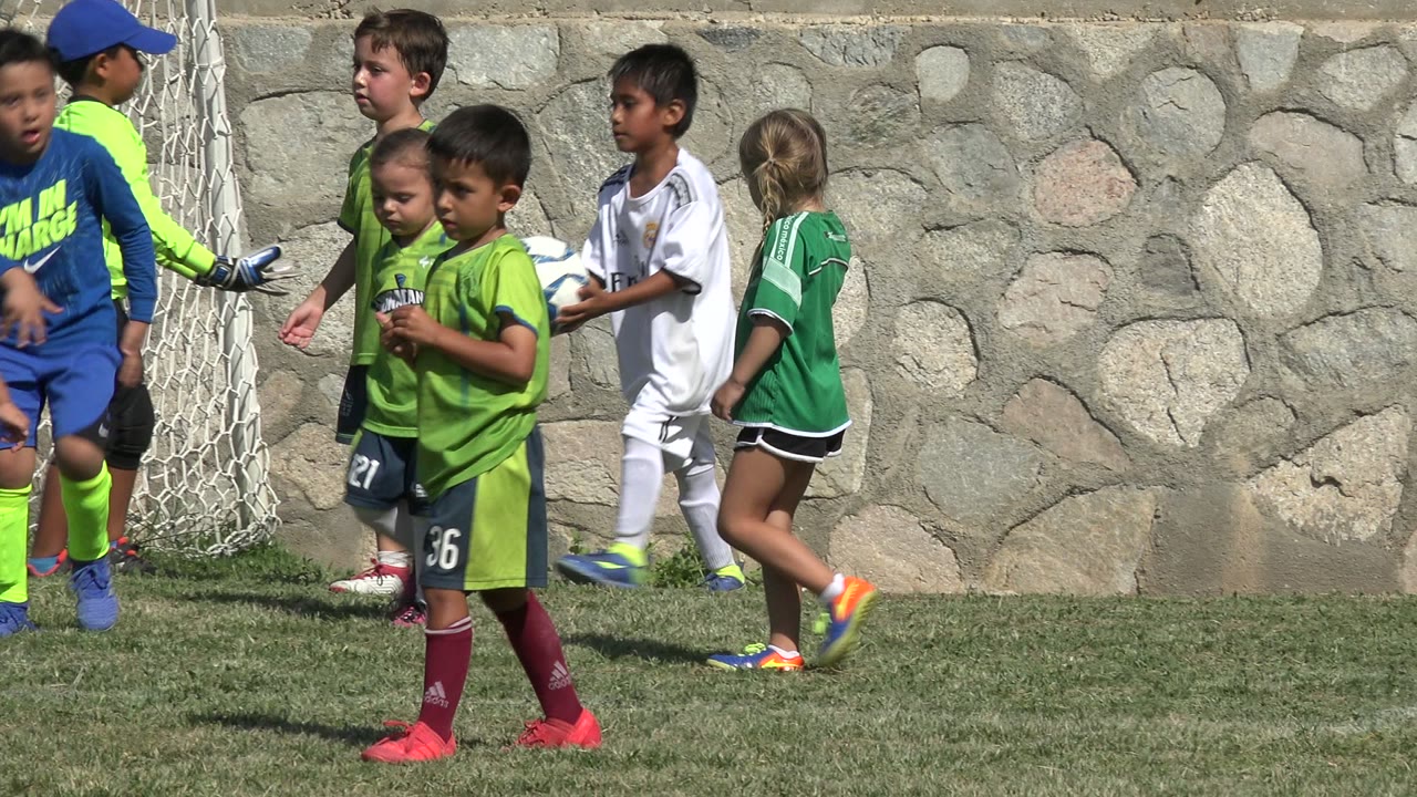 Young players in green, blue, and white uniforms stand near a white soccer goal net on a grass field in San Jose del Cabo, Mexico.